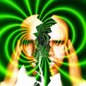 illustration of a head splitting in two with green waves of pain radiating out