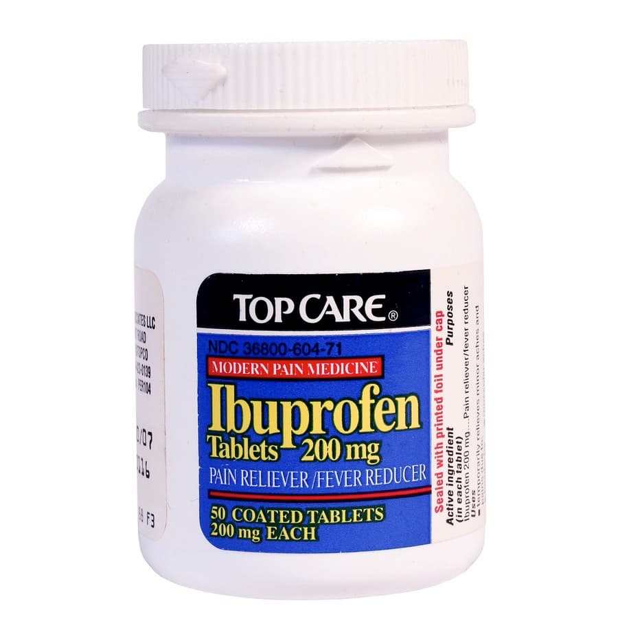 A bottle of TopCare Ibuprofen Tablets, 200mg dosage