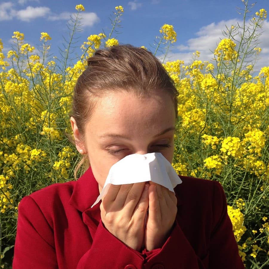 woman with spring allergies blowing nose in a field of wildflowers