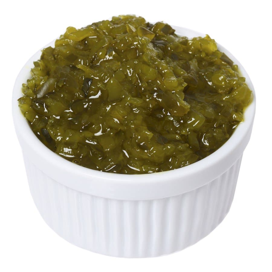 White dish of pickle relish on white background

