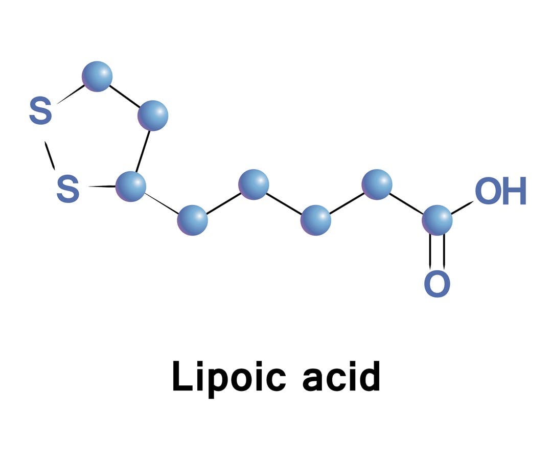 Lipoic acid is an organosulfur compound derived from octanoic acid. ALA is made is essential for aerobic metabolism. It is manufactured and is available as a dietary supplement and as an antioxidant
