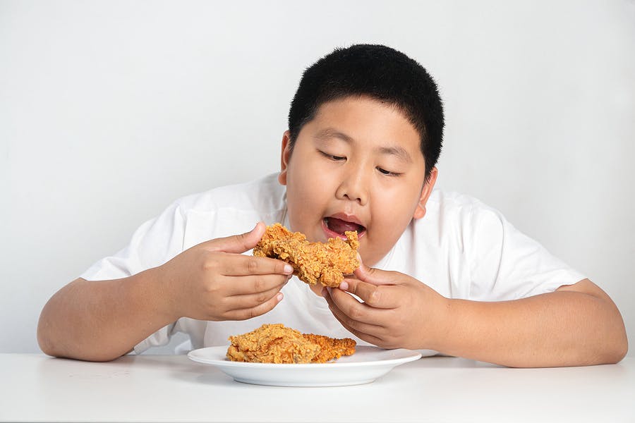Schoolboy eating processed food, becoming obese
