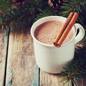 Cup of hot cocoa or hot chocolate on wooden background with fir tree and cinnamon sticks. Traditional beverage for winter time, vintage toning.
