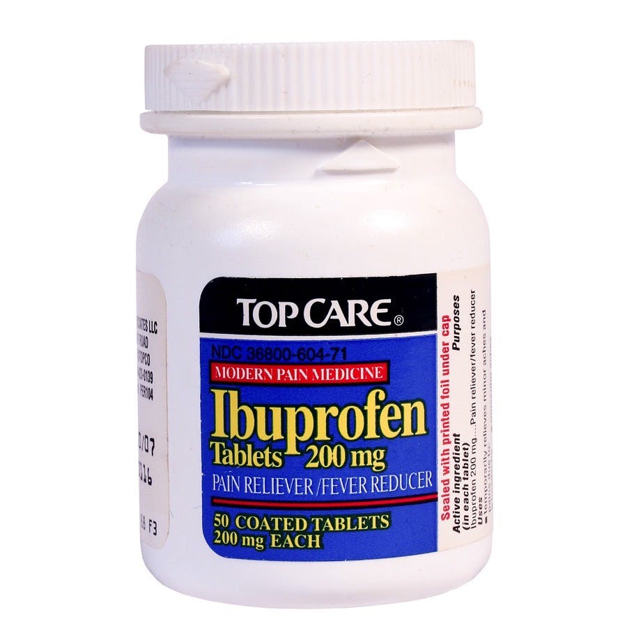 RIVER FALLS,WISCONSIN-APRIL 1,2014: A bottle of TopCare Ibuprofen Tablets. Ibuprofen is a non-steroidal drug for treatment of painfeverand inflammation.
