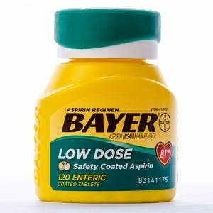 LLANO TX-AUG 16 2015: Bottle of Bayer Low Dose Aspirin against white background. Recommended by doctors to reduce chance of Heart Attack.
