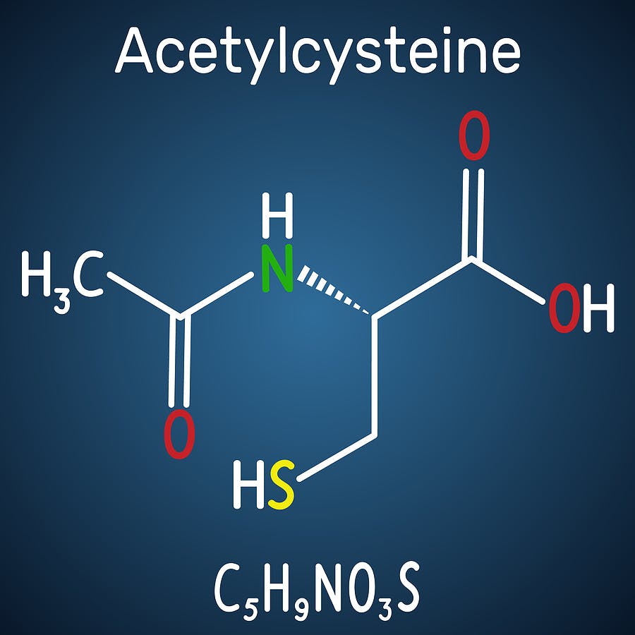 Acetylcysteine (N-acetylcysteine, NAC) drug molecule. Structural chemical formula and molecule model on the dark blue background. Vector illustration
