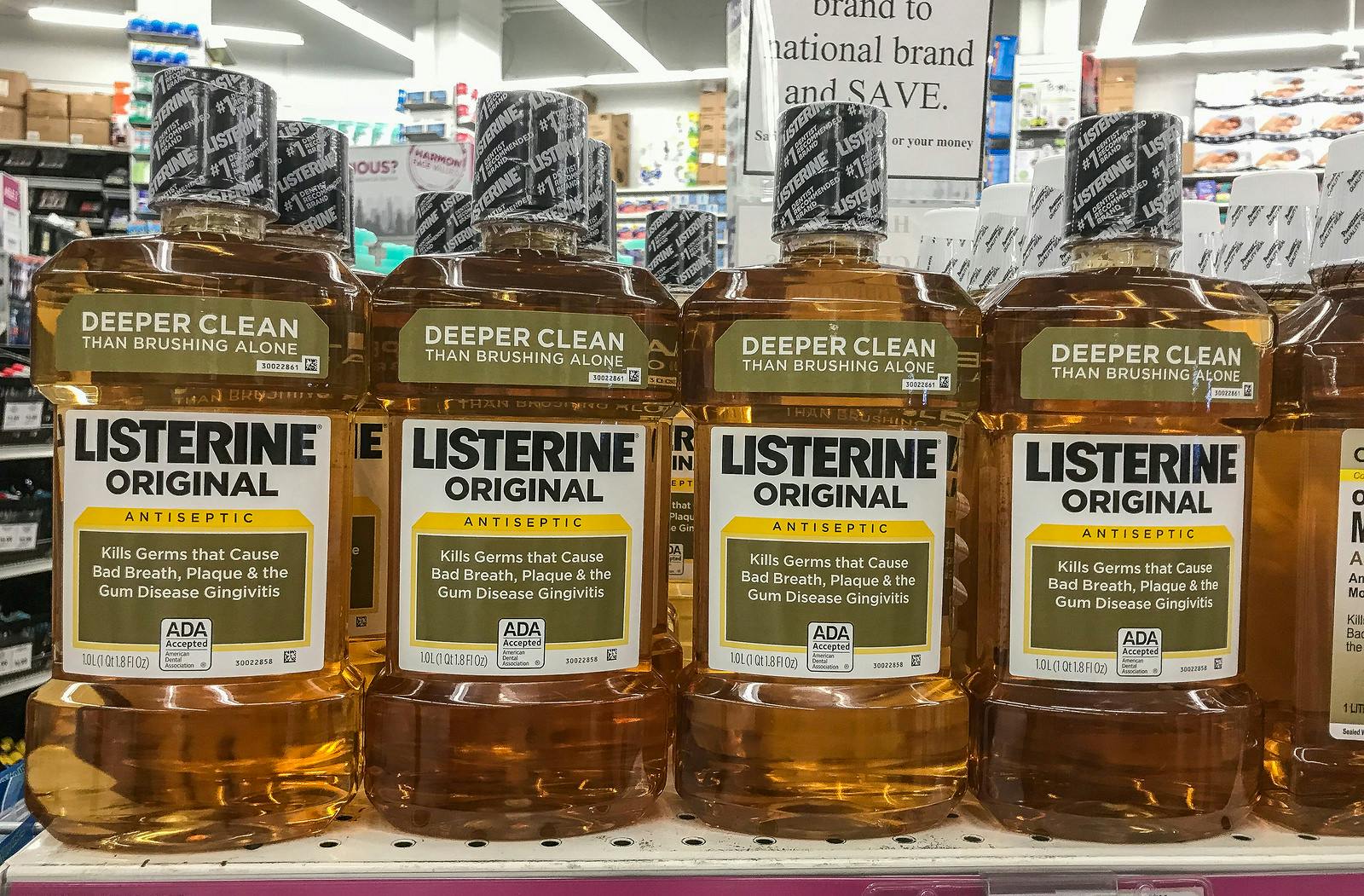 New York October 23 2017: Bottles of Listerine stand on a store shelf.

