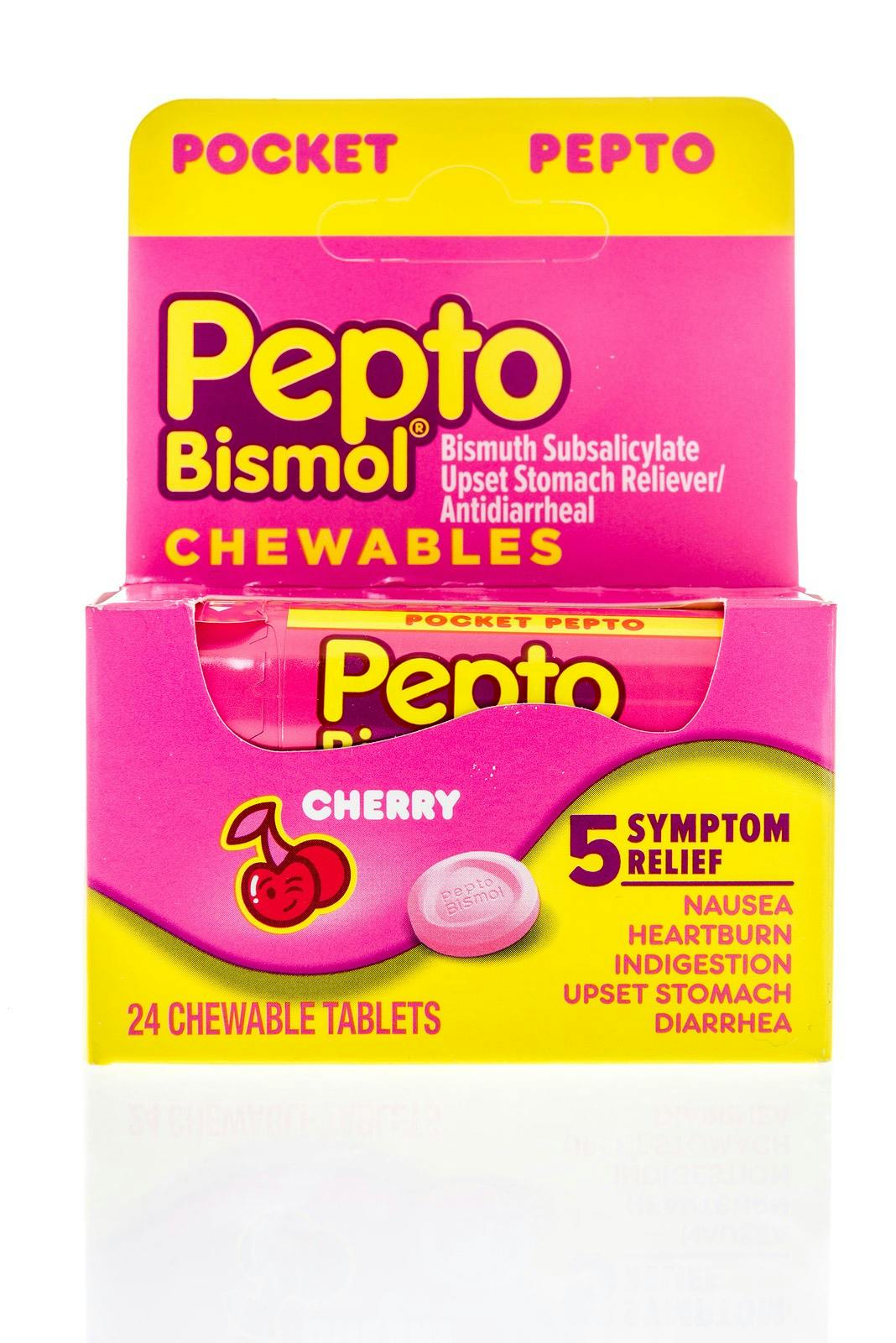Winneconne, WI &#8211;  26 April 2019: A package of Pepto Bismol medicine for diarrhea, nausea, heartburn, indigestion on an isolated background
