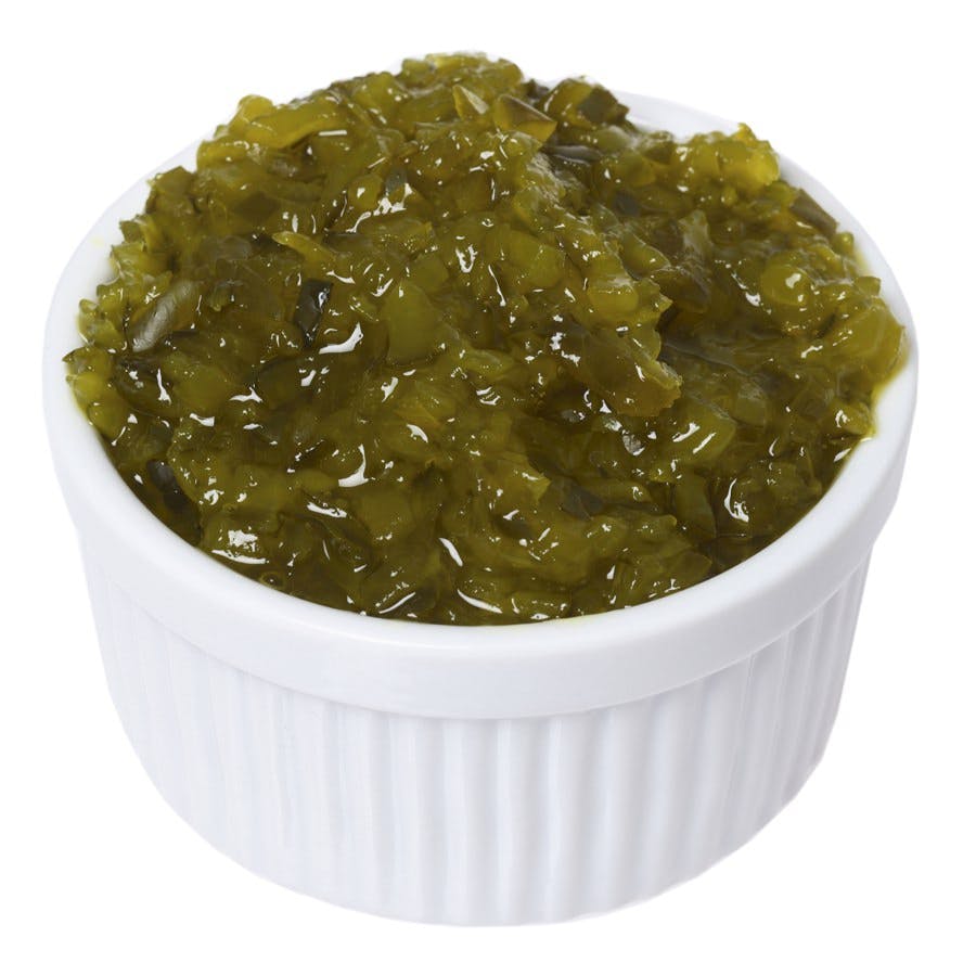 White dish of pickle relish on white background
