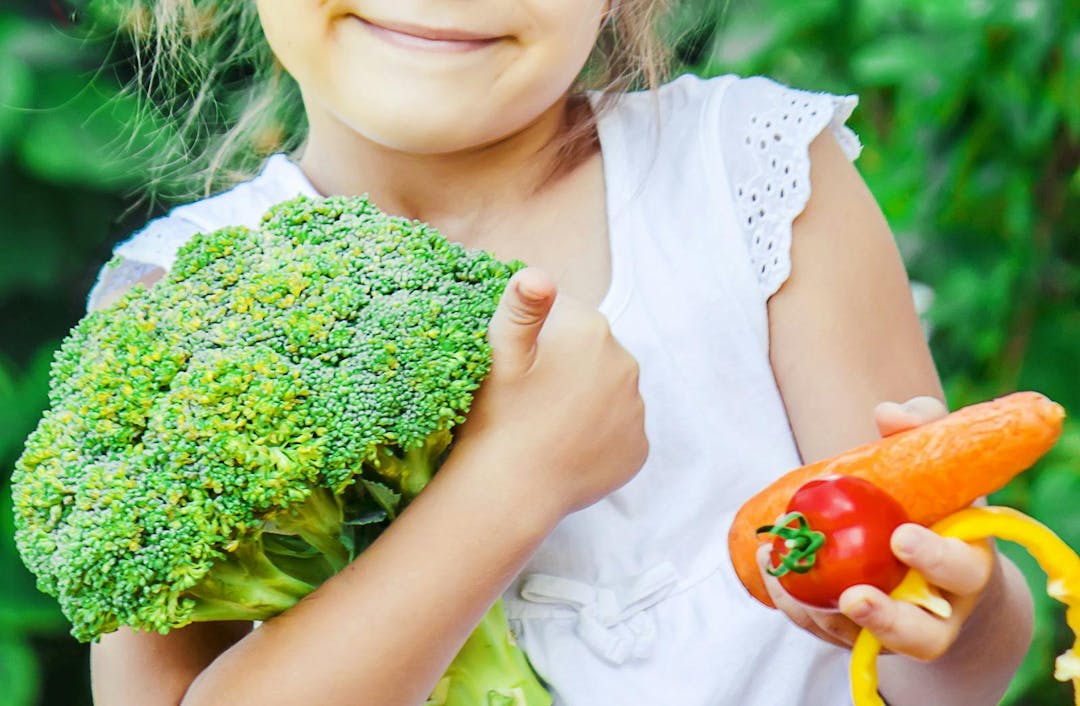 Child eats vegetables. Summer photo. Selective focus nature
