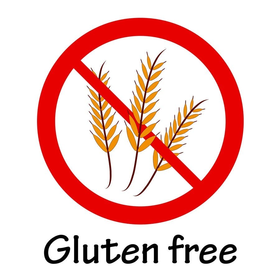 Gluten free red prohibition symbol illustration with text.
