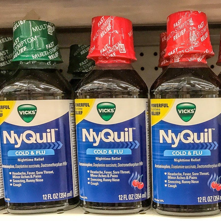 New York October 23 2017: NyQuil bottles stand on a store shelf.
