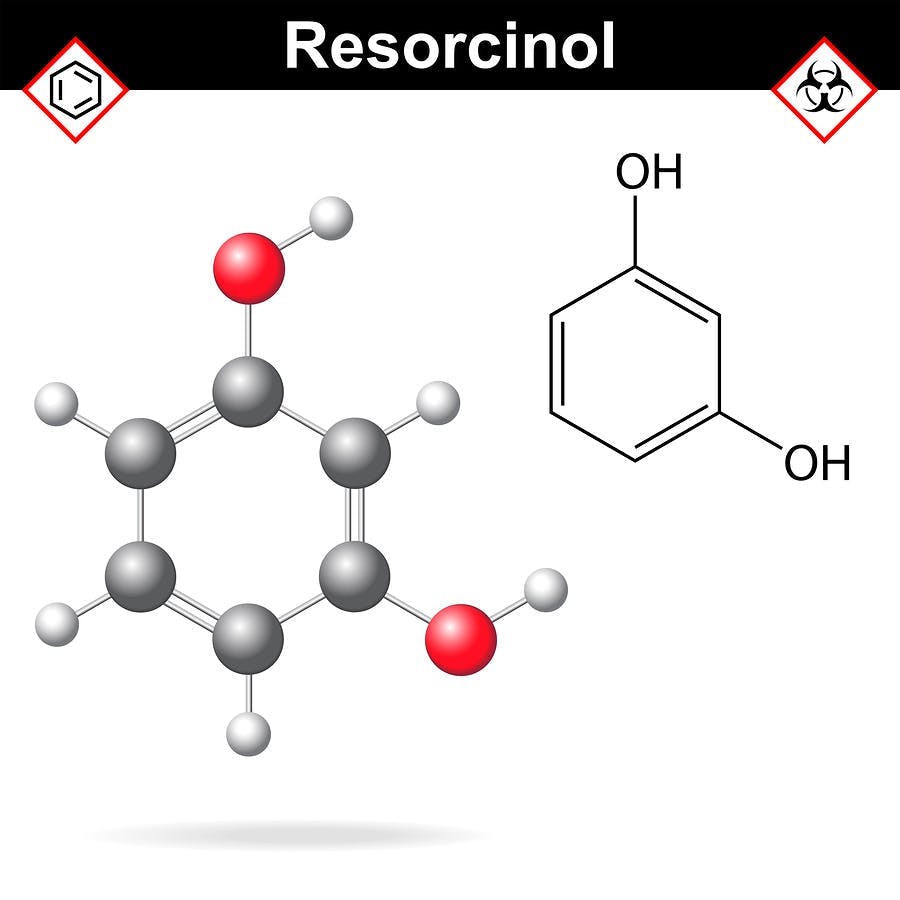 Resorcinol &#8211; chemical formula and model, 2d and 3d vector isolated on white background, ball and stick style, eps 8
