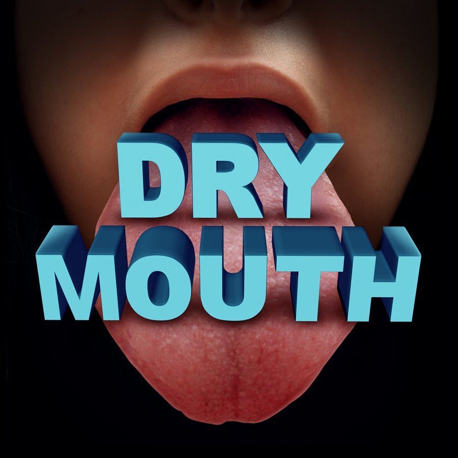 Dry mouth medical concept or xerostomia due to lack of saliva as a human tongue with text as a health care symbol for oral disease or illness with 3D illustration elements.

