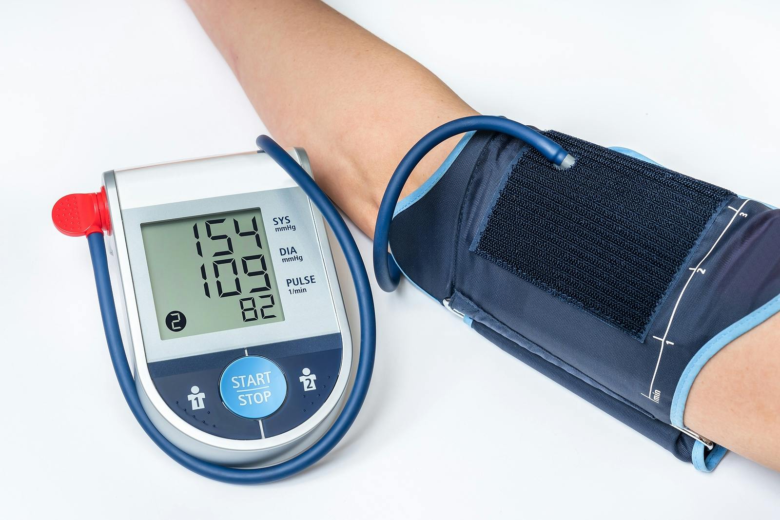 person with high blood pressure of 154/109 practices home monitoring
