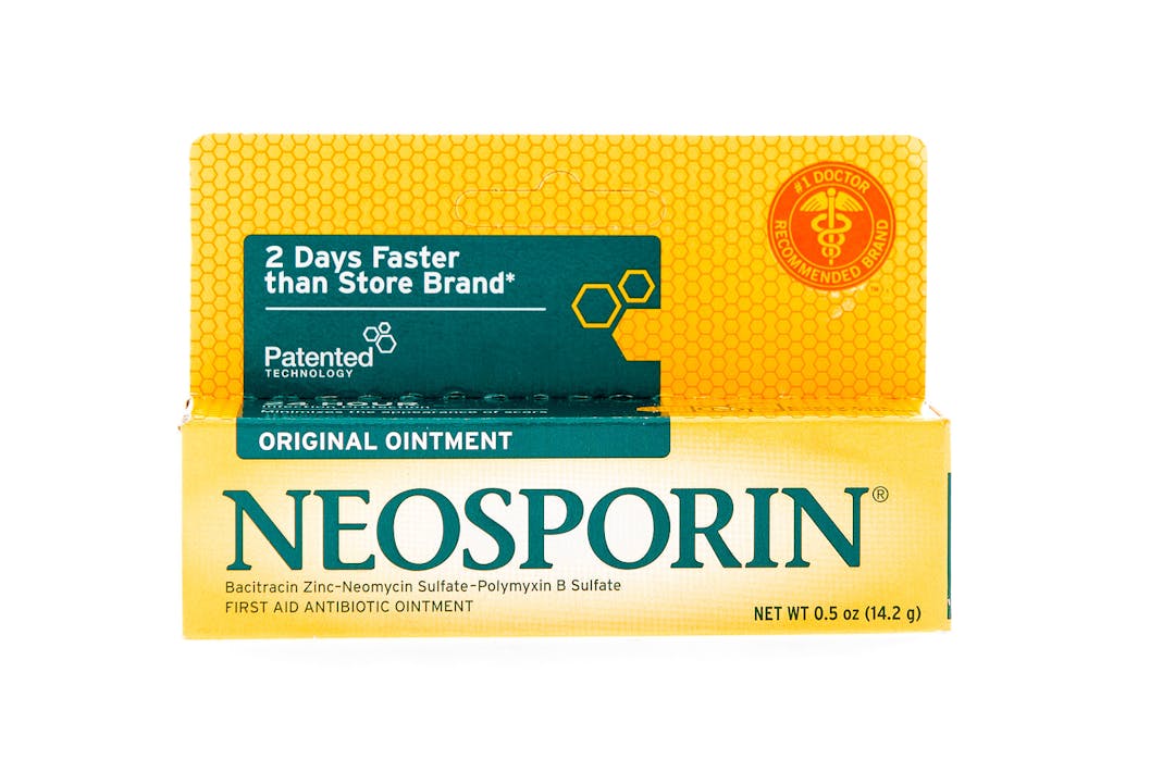 Winneconne WI &#8211; 9 February 2015: Package of Neosporin skin ointment used in helping heal cuts quicker.
