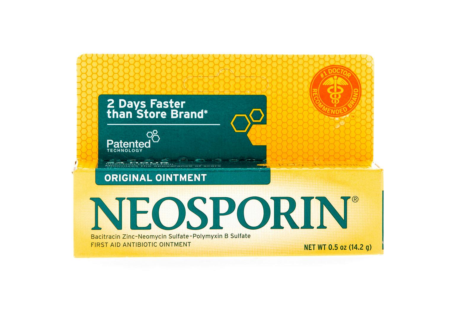 Winneconne WI &#8211; 9 February 2015: Package of Neosporin skin ointment used in helping heal cuts quicker.
