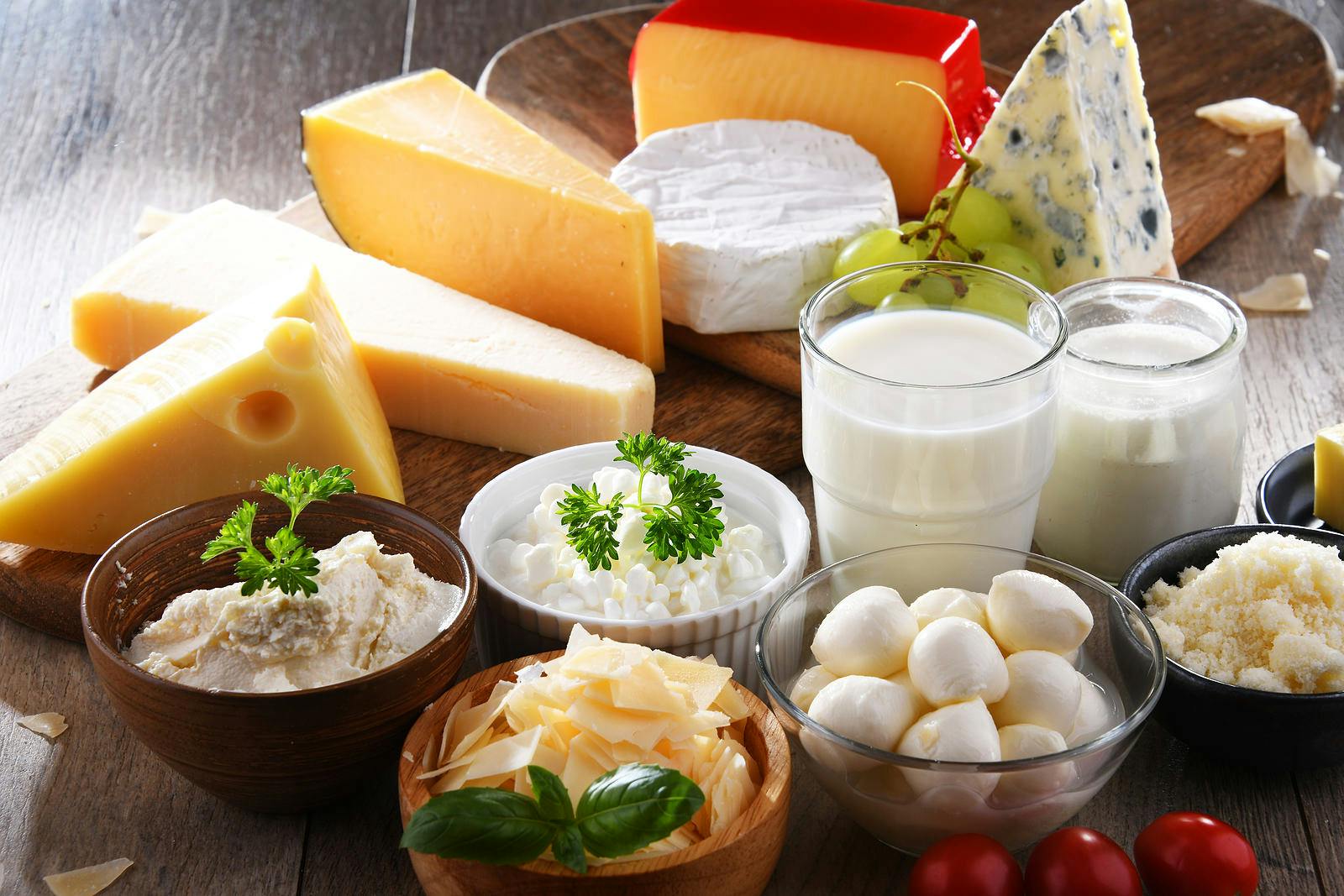 A variety of dairy products including cheese, milk and yogurt.
